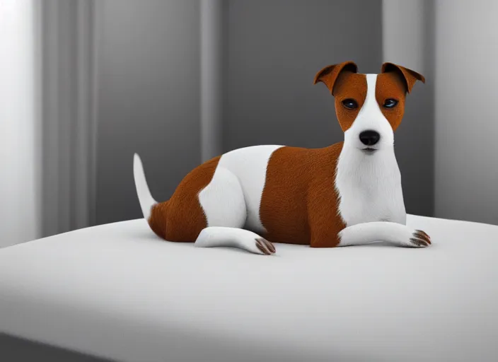 Image similar to photography of a Jack Russel . watching outside the window. on a bed. in a white room. octane render,volumetric light, volumetric fog, photorealistic,, award winning photo, 100mm, sharp, cloth, high res