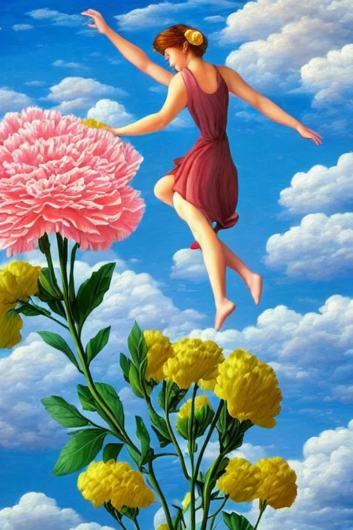 Image similar to closeup, giant carnation flower head, woman flying, surreal, clouds in sky, impressionist painting, digital painting, artstation, rob gonsalves