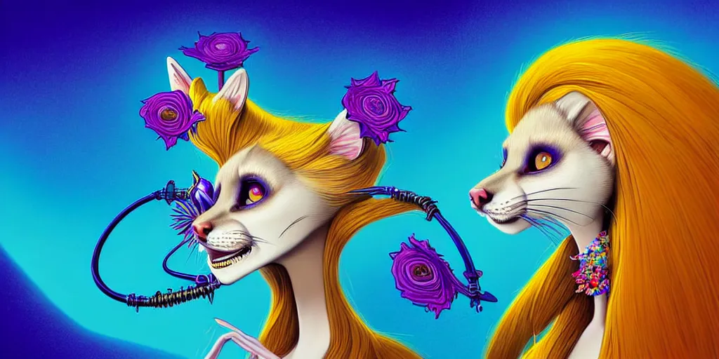 Image similar to curved perspective, extreme narrow, extreme fisheye, digital art of an hallucinogenic female embalmed marten animal wearing jewlery with blonde hairstyle with blue flower in hair by anton fadeev from nightmare before christmas