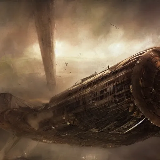 Image similar to a brutalist painting of a large steampunk airship on the ground destroyed, by charlie bowater, 4 k