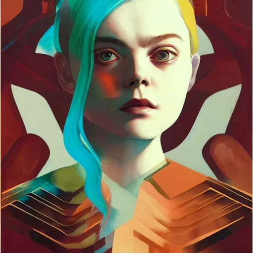 Prompt: Elle Fanning in Deus Ex picture by Sachin Teng, asymmetrical, dark vibes, Realistic Painting , Organic painting, Matte Painting, geometric shapes, hard edges, graffiti, street art:2 by Sachin Teng:4