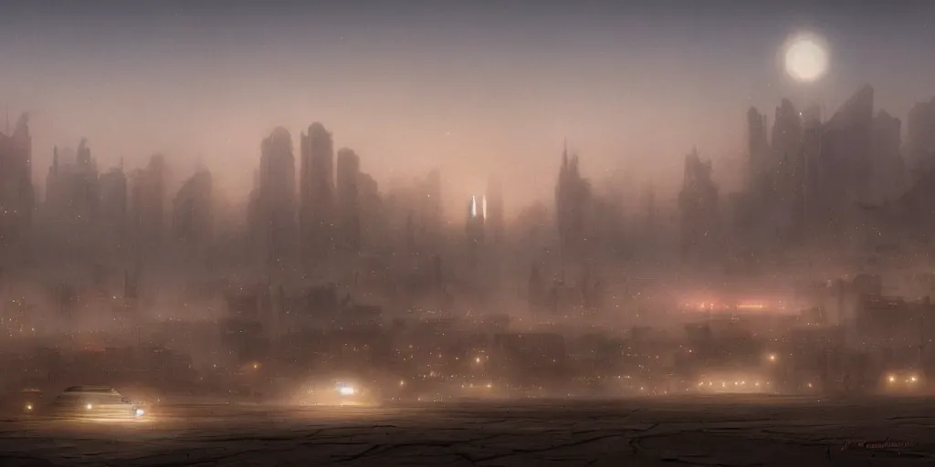 Image similar to A barren desert landscape with a glowing metropolis in the distance, fog and ethereal lighting, by Greg Rutkowski and Studio Ghibli