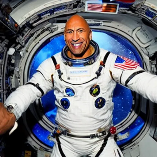 Prompt: dwayne the rock johnson wearing a spacesuit in international space station