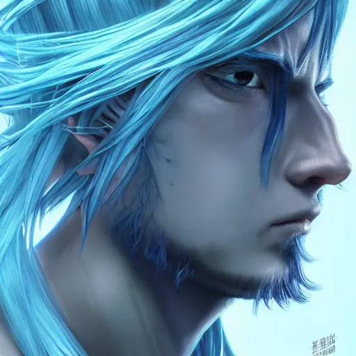 Image similar to an immortal xianxia cultivator with long blue hair as an absurdly handsome, elegant, young anime man, ultrafine hyperrealistic detailed face illustration by kim jung gi, irakli nadar, intricate linework, sharp focus, bright colors, matte, final fantasy, unreal engine highly rendered, global illumination, radiant light, intricate environment