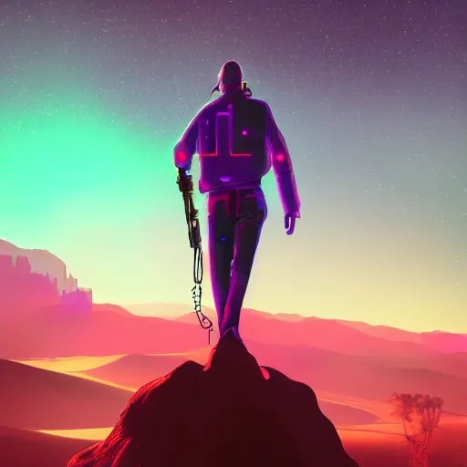 Image similar to realistic man standing in high desert, cyberpunk, digital art, trending on artstation, neon, desert, stars, vaporwave, retrowave, synthpop, 1 9 8 0 s, colorful, glowing, purple