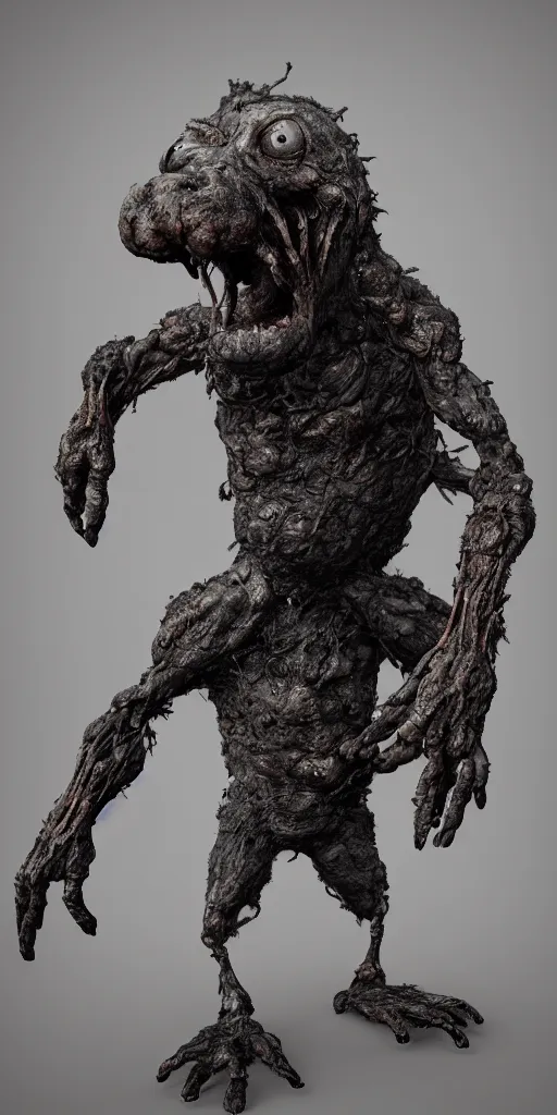 Image similar to Anthropomorphic hunchbacked creature with gray skin in full growth, large claws on the hands, covered with rust and soot, arms, legs and head, a small head without eyes and nose, only a black mouth, artstation, highly detailed, 8k, HD, octane render, post-apocalypse