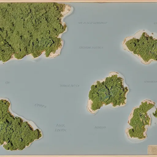 Prompt: birdseye view of two large islands, two medium islands, and one small island, cartographers map