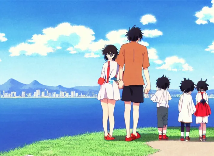 Prompt: An anime family enjoying the scenery of a lake/city, studio ghibli trending on pixiv