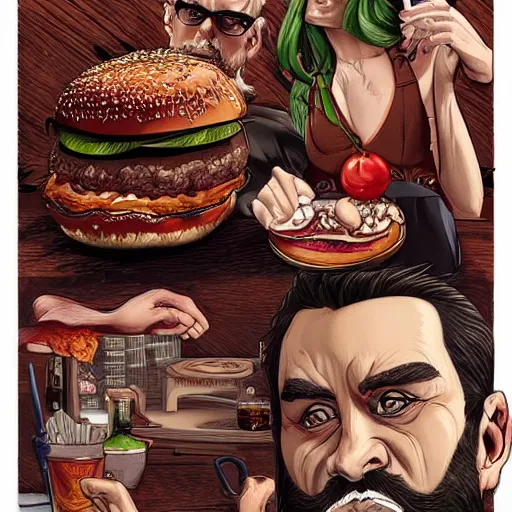 Image similar to beard man angry with italian burger, because theyre mixin salad with escargot, matte, symmetrical anatomy, hyperdetailed, digital art, baroque, pop punk art style, fantasy, full body pictures, without duplication, art by artgerm and ilya kuvshinov and vinicius gud and gustavo zambelli, intricate.