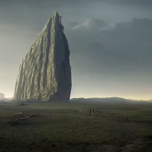 Prompt: a huge, tall and thin jagged monolith hovers above a field, dusk light, unreal engine, matte painting, trending on artstation, 4k, by Greg Rutkowski