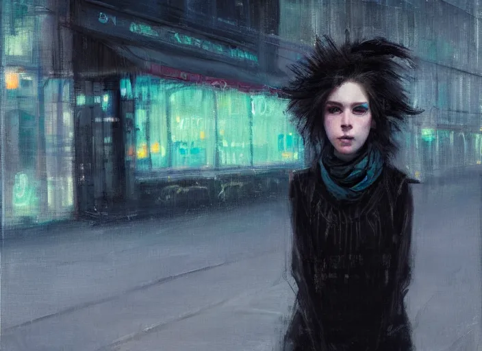 Image similar to detailed portrait of a punk girl with green eyes in the city street at night, bokeh, long exposure, painting by jeremy lipking christopher doyle