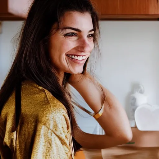 Prompt: a candid photo of a brunette female, young, athletic, australian, pixellated face, wearing a gold tshirt in a kitchen