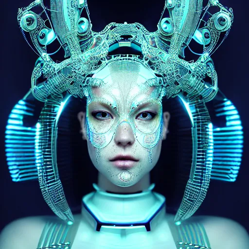 Image similar to portrait of an absurdly beautiful, graceful, sophisticated, fashionable cyberpunk mechanoid gravure idol, hyperdetailed illustration by irakli nadar, matt wisniewski style, intricate linework, white porcelain skin, iridescent fractal headdress, day - glow facepaint, unreal engine 5 highly rendered, global illumination, blue light, detailed and intricate environment