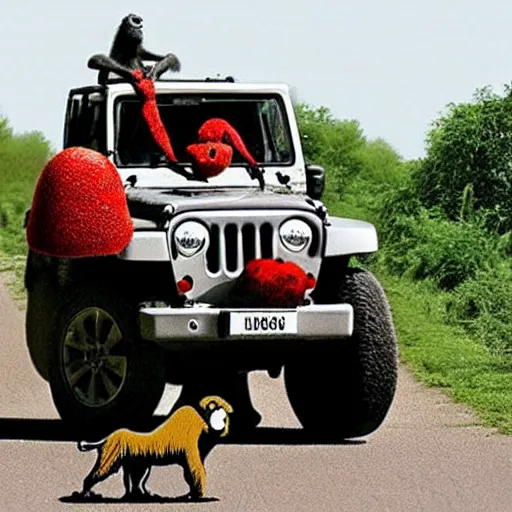 Image similar to gorilla driving a jeep holding an amanita muscaria made by banksy