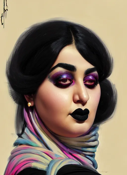 Image similar to portrait of a plump egyptian woman with a crooked nose and a confident expression, 1 9 6 0 s, black clothes, goth, punk, brightly coloured hair, funk, intricate, elegant, highly detailed, digital painting, artstation, concept art, smooth, sharp focus, illustration, art by wlop, mars ravelo and greg rutkowski