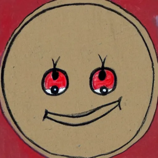 Image similar to primitive drawing of smiling circle face with red eyes thumb up. Сhild drawing picture