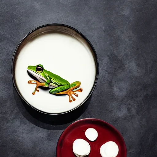 Prompt: cookbook photo of a bowl of milk with a frog sitting in it