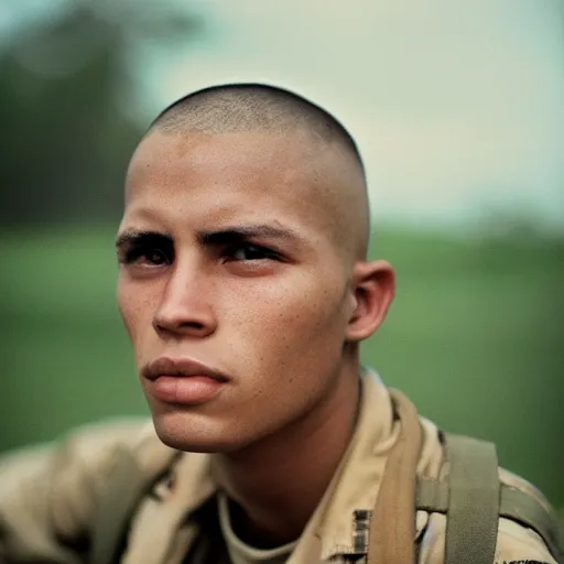 Prompt: Detailed portrait of a jarhead. CineStill.