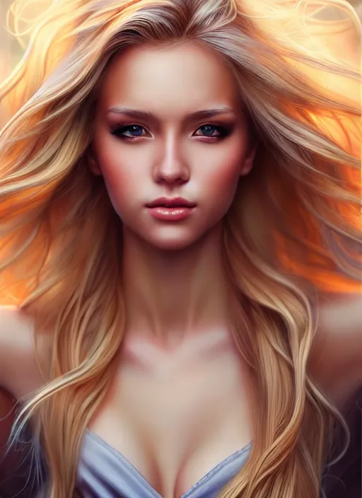 Prompt: realistic picture of a gorgeous female with long blonde hair in the style of stefan kostic, realistic, full body shot, wide angle, sharp focus, 8 k high definition, insanely detailed, intricate, elegant, art by stanley lau and artgerm, floating embers