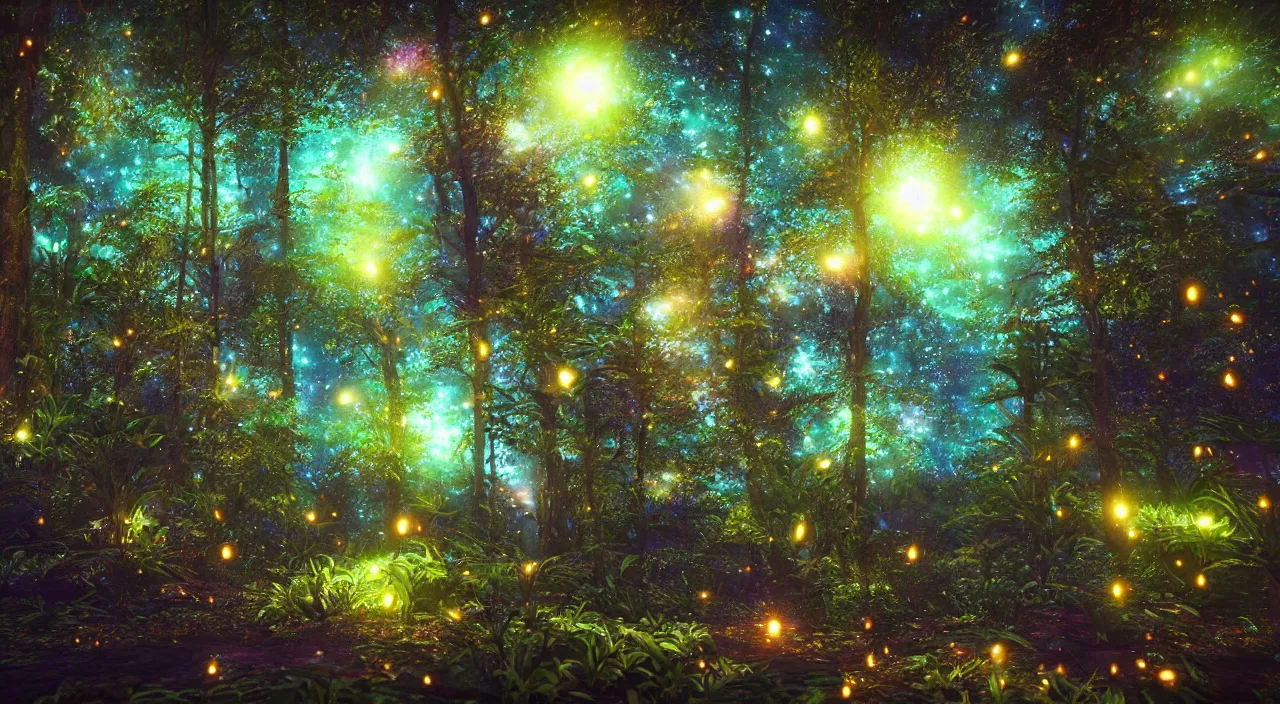 Prompt: A beautiful lush magic mana forest, night sky with dazzling stars, fairies, fireflies, bokeh, octane render, unreal engine, raytracing, crystallized, intricate, hyper detailed, light rays.