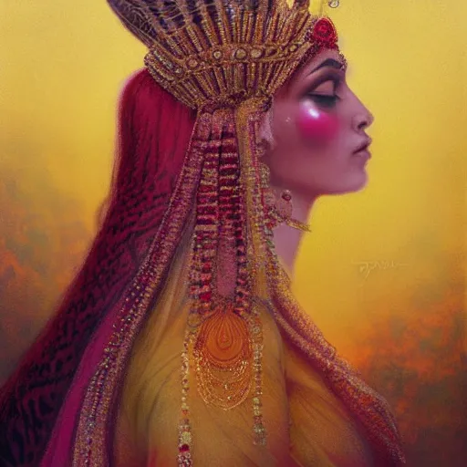 Image similar to side portrait of a beautiful Indian queen of tigers, pink and gold, by Anato Finnstark, Tom Bagshaw, Brom