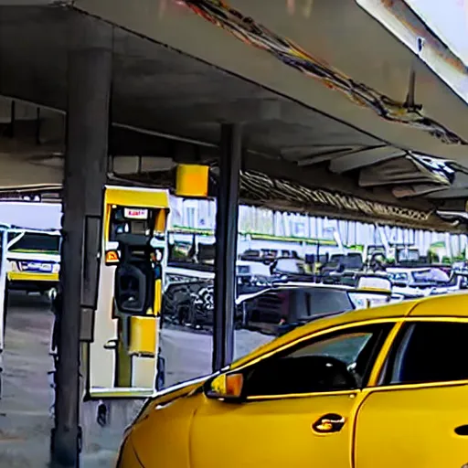 Prompt: cctv footage of banana car in parking station