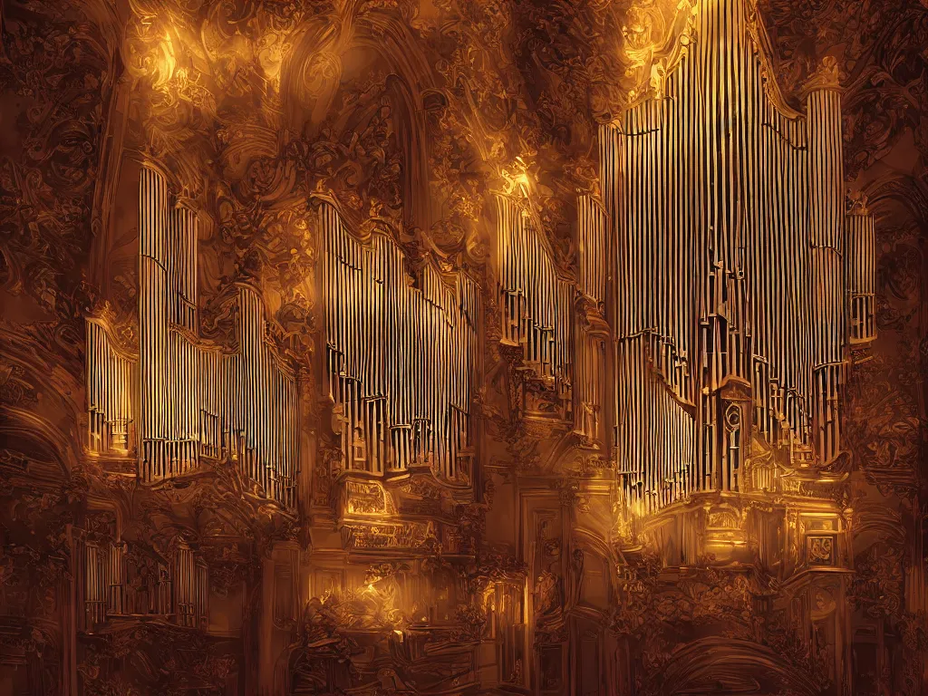 Prompt: hyper realistic photo of a luxury pipe organ volumetric lights