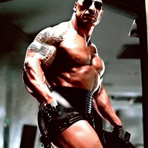 Prompt: dwayne the rock johnson as neo from the matrix