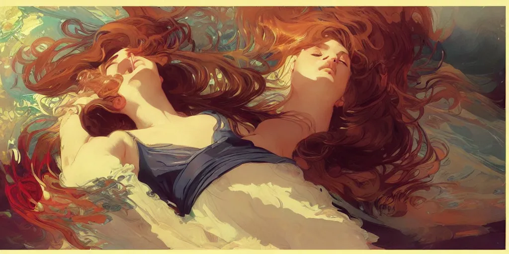 Prompt: alovers sleeping, reflexions, verry high details, colorfull, by william turner art, by greg rutkowski, by alphonse mucha, by james jean, by rossdraws, by frank franzzeta, by sakimichan, trending on artstation, very very detailed, masterpiece,