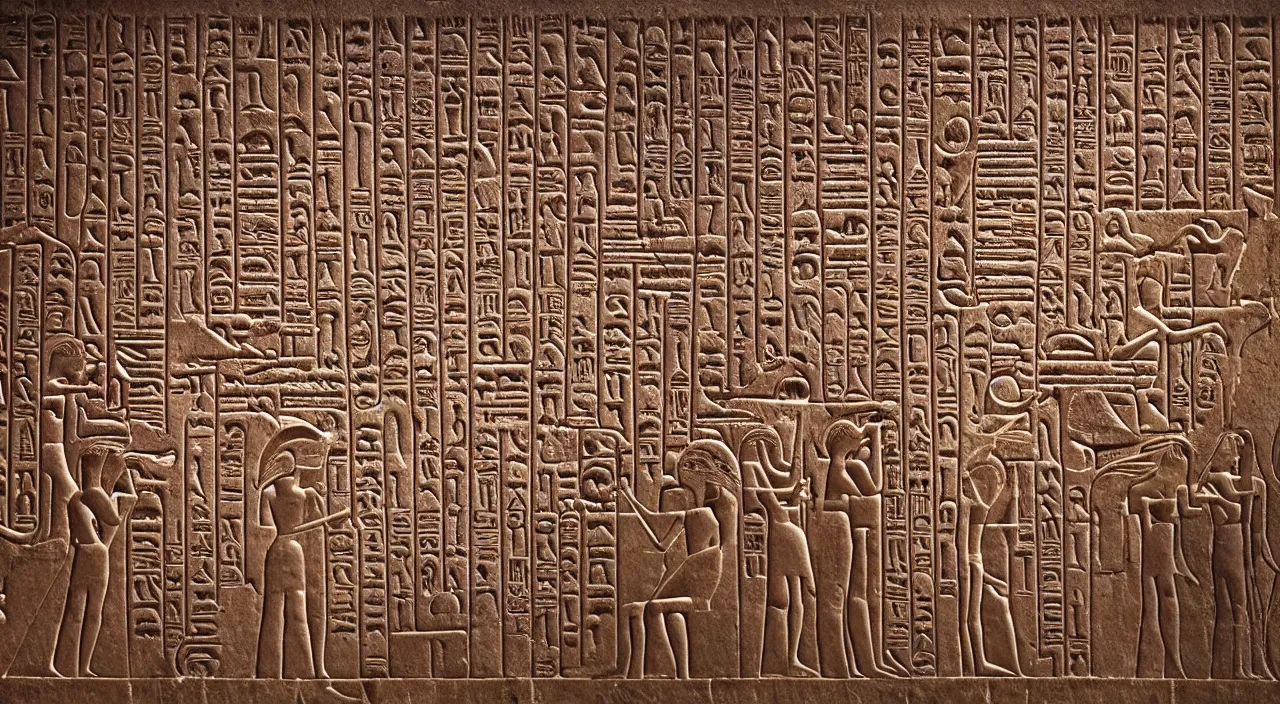 Prompt: Hieroglyphics of men and women worshipping a cellphone. Archaeological discovery, Ultra high resolution, photo realistic, depth of field, award winning, cinematic, color graded