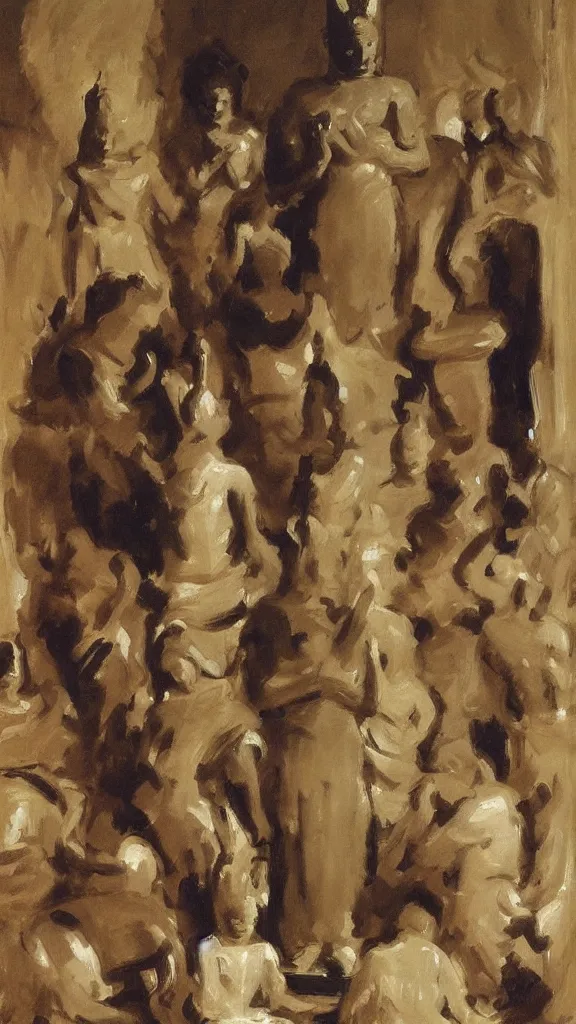 Image similar to a crowd of people pray a rabbit budda statue by john singer sargent