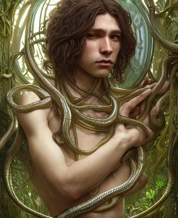 Prompt: intricate ornate opulent transparent clear see - through portrait of a horrific beautiful male human wolf snake, adorable, childlike, overgrown biopunk jungle environment, ultra realistic, concept art, art nouveau, photorealistic, octane render, 8 k, unreal engine. art by christopher marley and artgerm and greg rutkowski and alphonse mucha