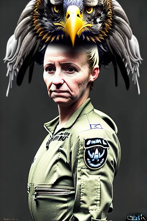 Image similar to epic professional digital art of attractive female human - eagle hybrid animal, wearing human air force jumpsuit, humanoid feathered head, eagle beak, by lisa roet, sam leach, leesha hannigan, wayne haag, artstation, cgsociety, epic, much wow, much detail, gorgeous, detailed, cinematic, masterpiece