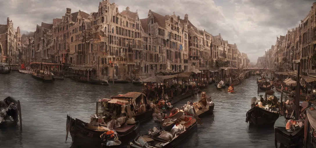 Prompt: cinematic, panorama, marketplace canal, boats, people, hybrid from the elden ring and art direction by darius zawadzki, sharp focus, highly detailed, wideshot ultrawide angle epic scale, dynamic dramatic ighting, shadows, cinematic atmosphere, artstation, hyperrealistic 3 d digital art, octane render, 8 k 4 k uhd image