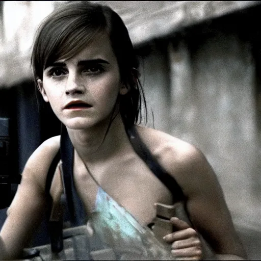 Image similar to film still, extreme far view, emma watson vietnam door gunner, film still from apocalypse now ( 1 9 7 9 ), 2 6 mm, kodak ektachrome, blue tint expired film,