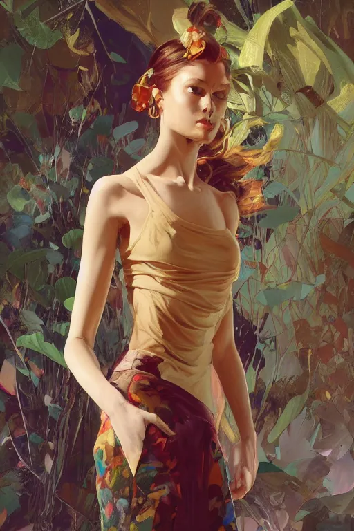 Image similar to an hyper intricate oil painting of gen z model wearing a fashion outfit wearing a clean t - shirt, full body ultra fashion model pose by vogue, excellent composition, by yoshitaka amano, by greg rutkowski, by alphonse mucha, by rhads, by ross tran, trending on artstation