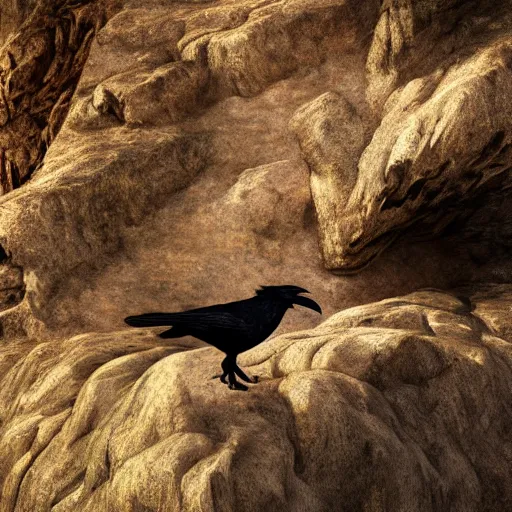 Prompt: a beautifully highly detailed close up portrait of a raven under a rock arch, coves crashing waves plants, beautiful serene sunset, detailed organic textures by frederic leighton and rosetti and turner and eugene von guerard, 4 k, octane render