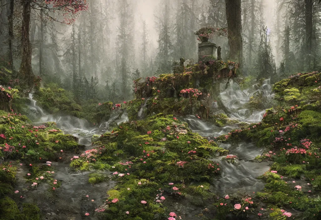 Prompt: handmade stunning landscape of a big and deep forest, ornate, beautiful, atmosphere, vibe, mist, chimney, pristine, puddles, melting, dripping, creek, lush, forest, roses, flowers, by kilian eng jake parker loish, octane render, 8 k hd resolution, high quality image