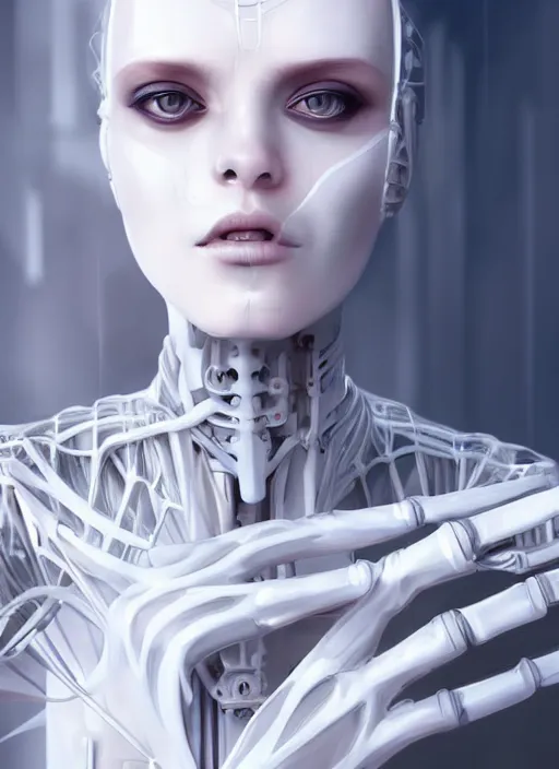 Prompt: a white cast futuristic biomechanical humanoid woman with prety face, porcelain skin, futuristic digital painting, cyberpunk, 8 k,