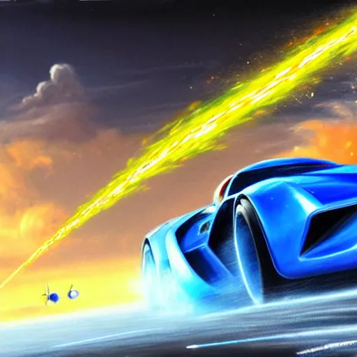 Image similar to Highly detailed oil painting, of a giant mech launching missiles and firing lasers at a moving blue sports car, concept art, highly detailed.