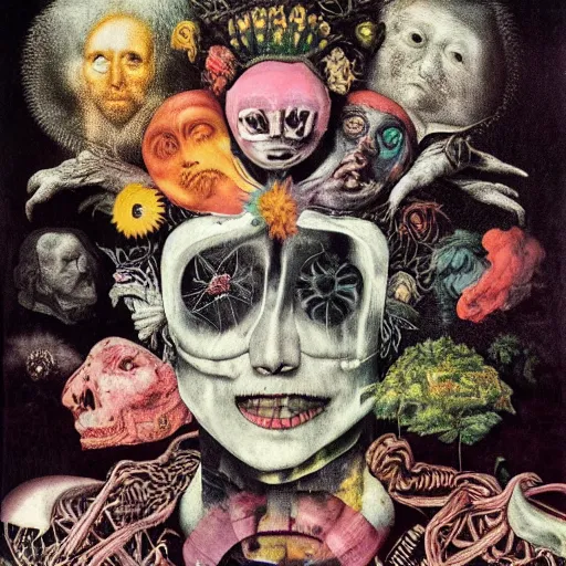 Image similar to post - punk new age album cover, asymmetrical design, dollar bank notes, capitalism, magic, apocalypse, psychedelic, black white pink, magic, giger h. r., giuseppe arcimboldo