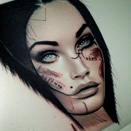 Image similar to megan fox face in the shape of beautiful mountains, double exposure effect, medium sized tattoo sketch, amazing detail, on pinterest