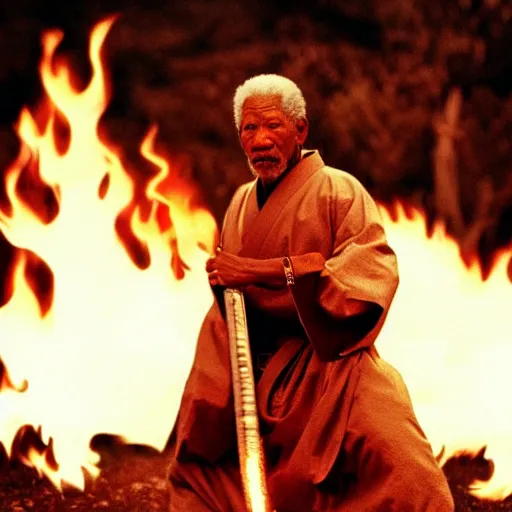 Image similar to cinematic film still of Morgan Freeman starring as a Samurai holding fire, Japanese CGI, VFX, 2022, 40mm lens, shallow depth of field, film photography