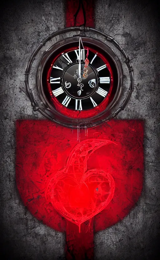 Image similar to a melting Roman numeral clock, behind a red and black gradient background, awith a black heart shaped on the top left corner and a black diamond card shape in the bottom right corner, dynamic lighting, photorealistic fantasy concept art, trending on art station, stunning visuals, cinematic, creative, ultra detailed