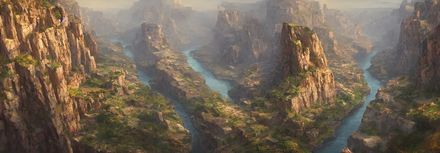 Image similar to A canyon with large cliffs and a river by paul chadeisson, cinematic lighting, extremely detailed, ultra realistic, trending on artstation, 8K