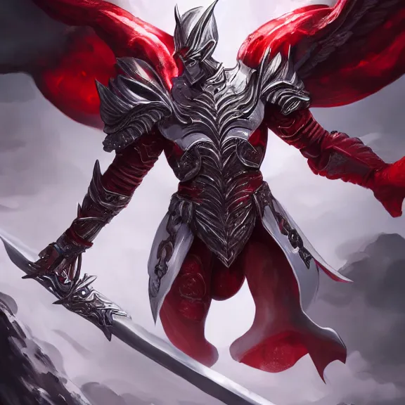 Image similar to male angel flying over hell, white metallic armor, red cape, detailed arms, intricate white armor, two arms, two legs, detailed fanart, rpg art, d&d art, macro art, digital art, DeviantArt, artstation, 8k HD