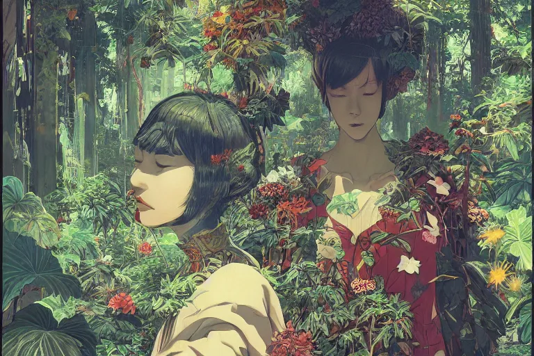 Prompt: evangelionic illustration, a lot of exotic vegetation, trees, tremendous pleasure, flowers, oldschool vintage sci - fi flat surreal design, super - detailed, oil painting by satoshi kon, hd, 4 k, high quality