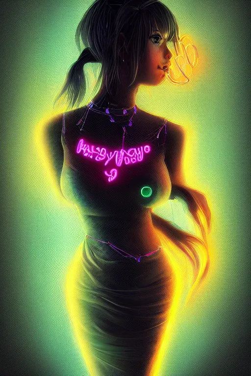 Image similar to An extremely beautiful neon-noir kawaii decora highly detailed HD portrait of a young attractive woman with a silky bio-luminiscent dress, neo-cyberpunk, professionally painted digital art illustration, smooth, sharp focus, atmospheric lighting, highly detailed illustration highlights, golden ratio, symmetrical facial features, extremely detailed winning award masterpiece, very coherent symmetrical artwork, sense of awe, 8K post-processing, trending on artstation flawless, prismatic highlights, telephoto, depth of field, cinematic, macro, concept art, wepa digital, elegant, epic, octane render, v-ray, C4D