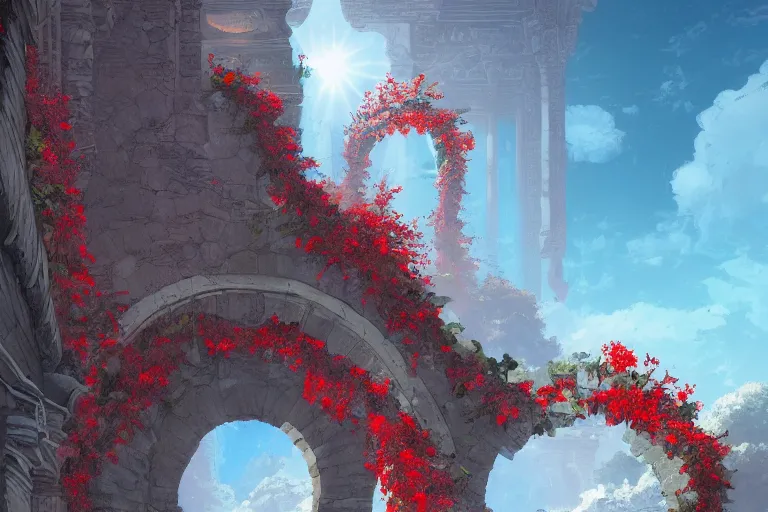 Prompt: broken arches leading to the pillars of eternity draped with red flowers and vines, blue sky, lens flare, a sense of mystery, cinematic, ultra detailed, intricate, sharp focus, trending on artstation, 8K, comic book illustration by Moebius