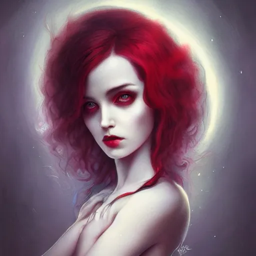 Image similar to princess of darkness, style of tom bagshaw, artgerm comic, piercing eyes, long glowing red hair, cinematic, highly detailed, award winning